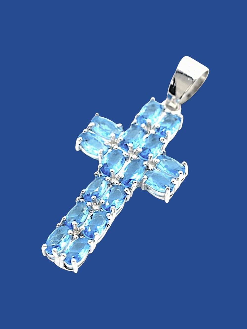 Cross Shape Swiss Blue Topaz Silver Pendant
